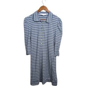 Buru Puff Sleeve Shirt Dress Large Striped Collared Preppy Coastal Classic Blue